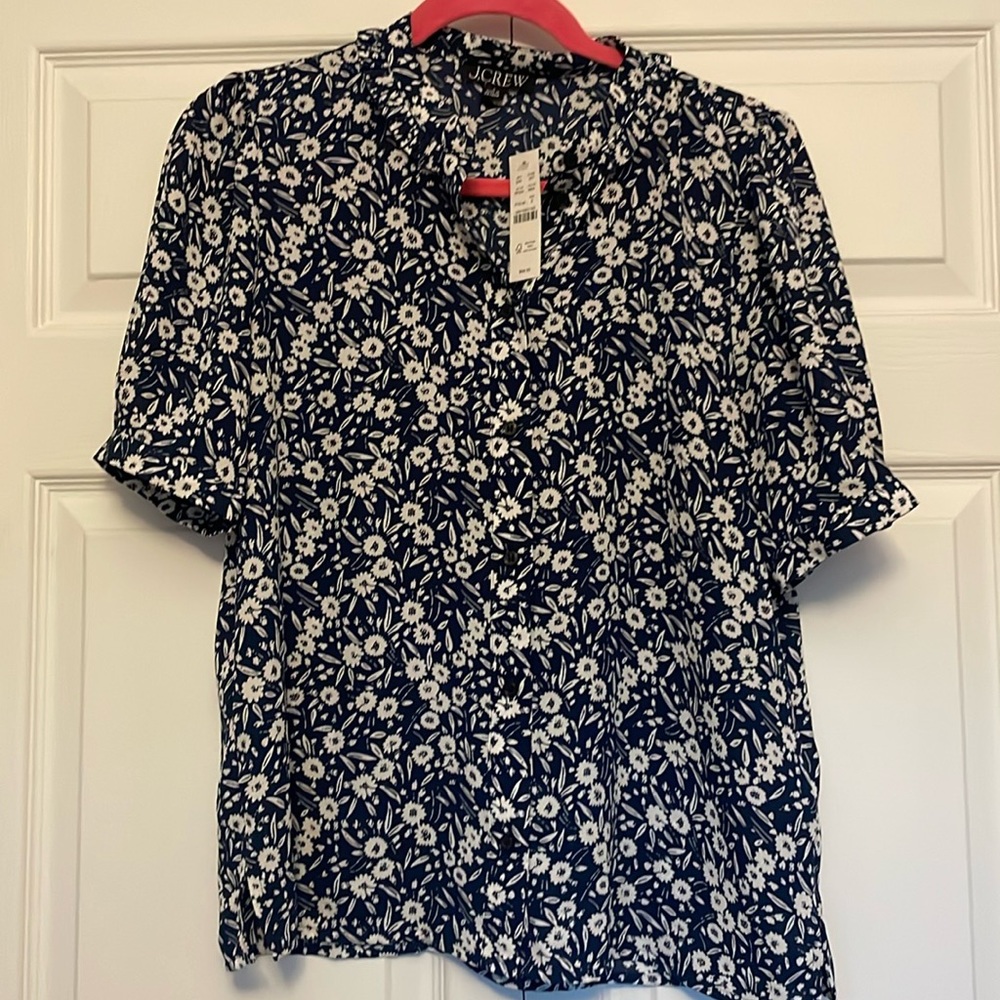 J crew blue floral print blouse size small. NWT. Ruffle detail at neck.